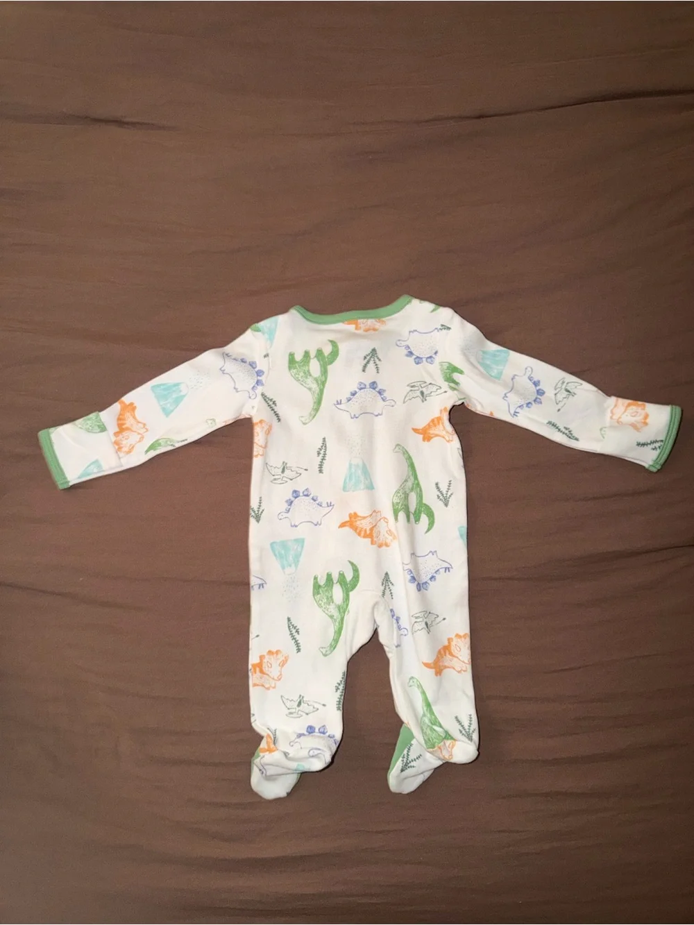 Kids White Dinosaur Print One-Piece Pajamas with Green Trim